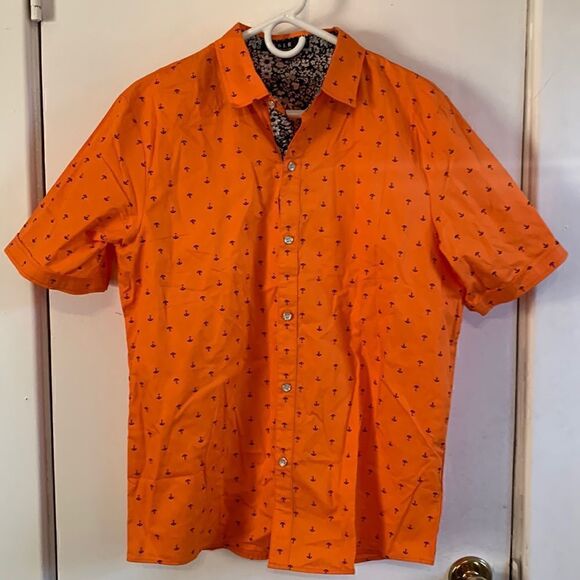EUC SSLR orange anchor short sleeve button down with navy floral detail. Size M - Picture 1 of 4